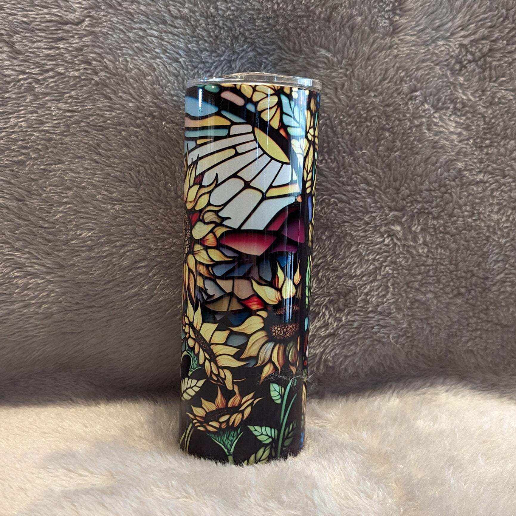 Pretty Sunflower Tumbler With A Stained Glass Design 20oz With Reusable Straw