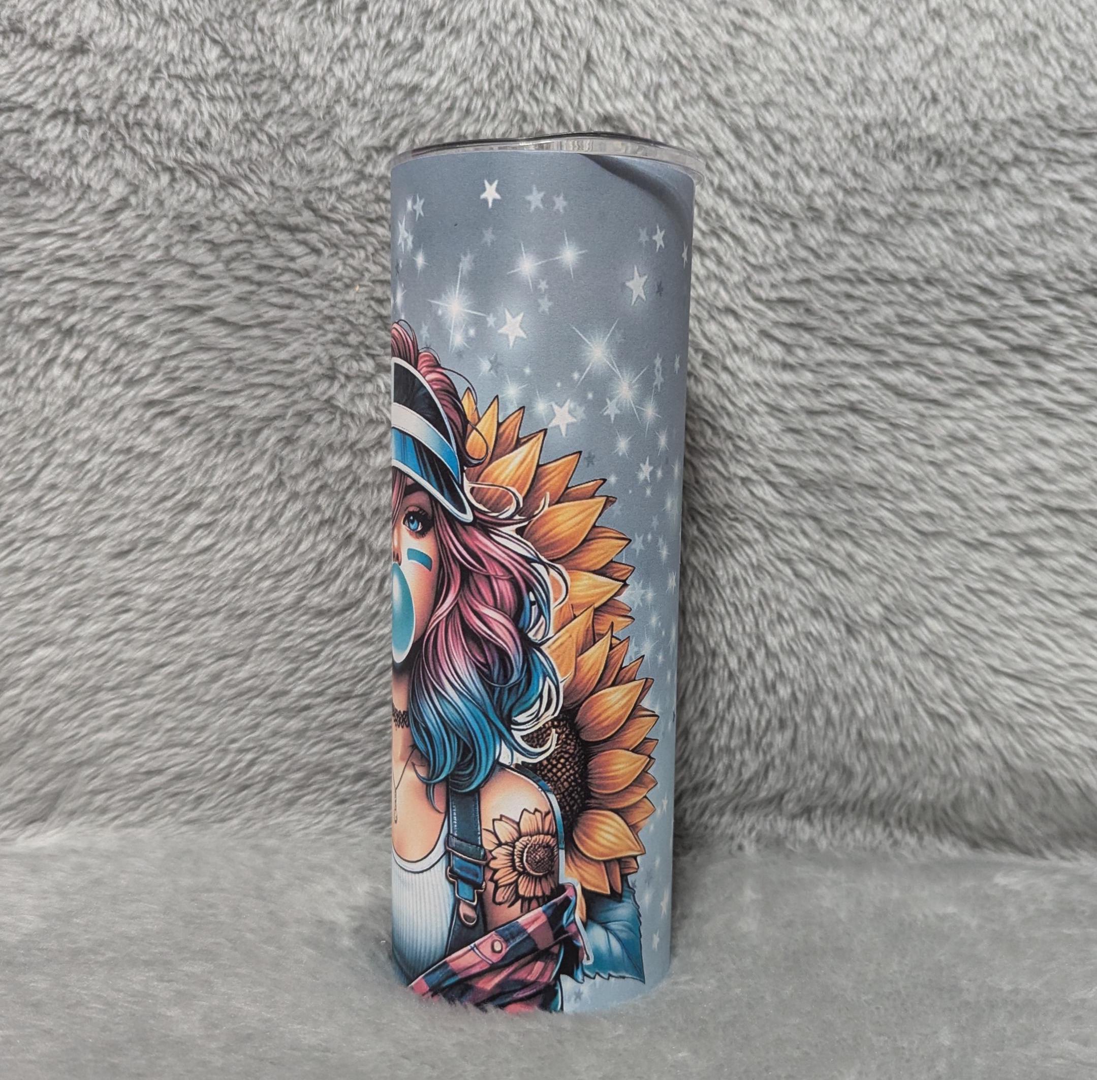 Sunflower Bubble Gum Girl Tumbler 20oz With Reusable Straw, Can Be Personalized