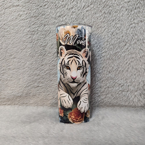 3D White Tiger Design Tumbler 20oz With Reusable Straw, Can Be Personalized