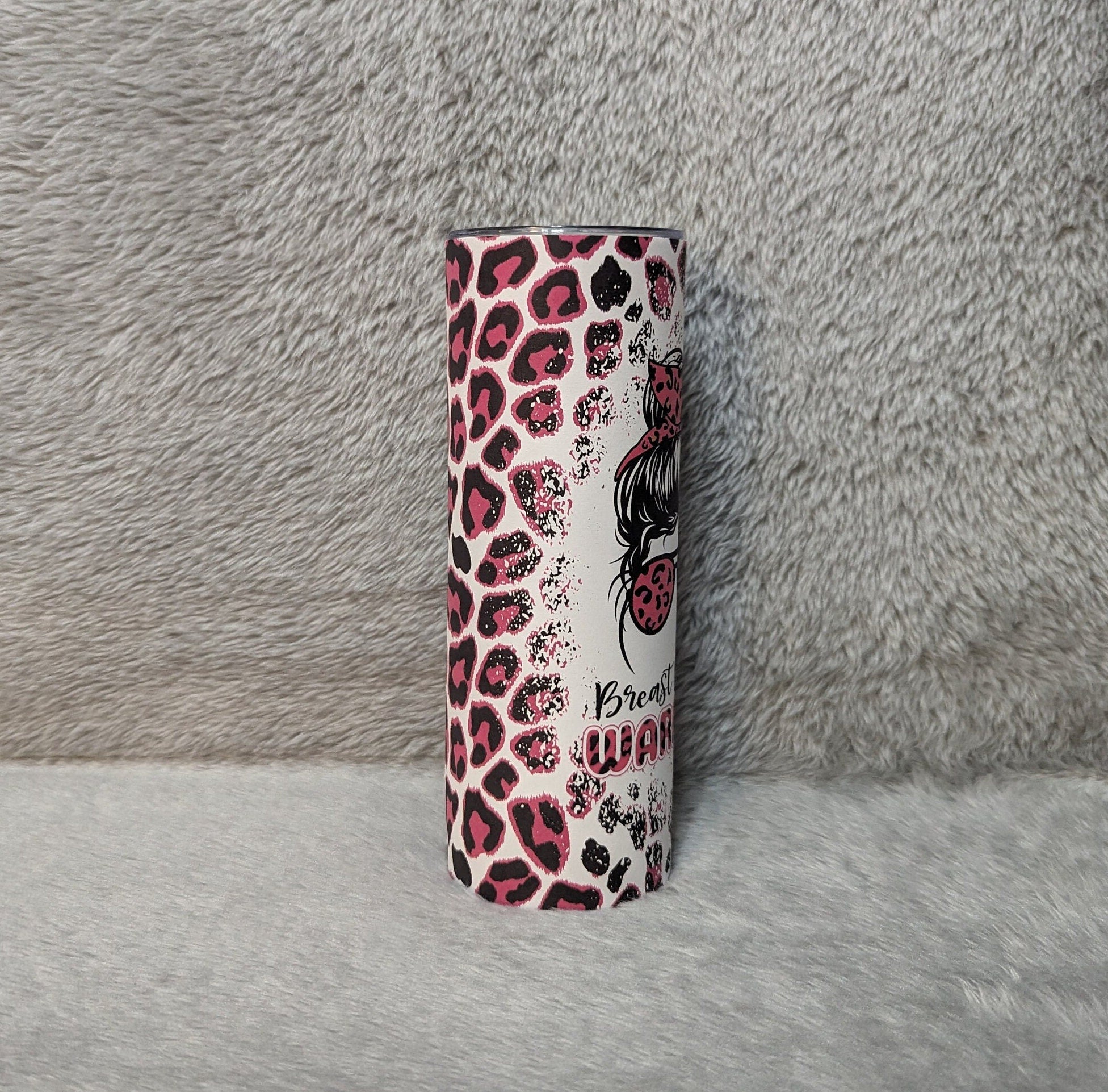 Breast Cancer Warrior Tumbler With A Pink Leopard Print 20oz With Reusable Straw, Can Be Personalized