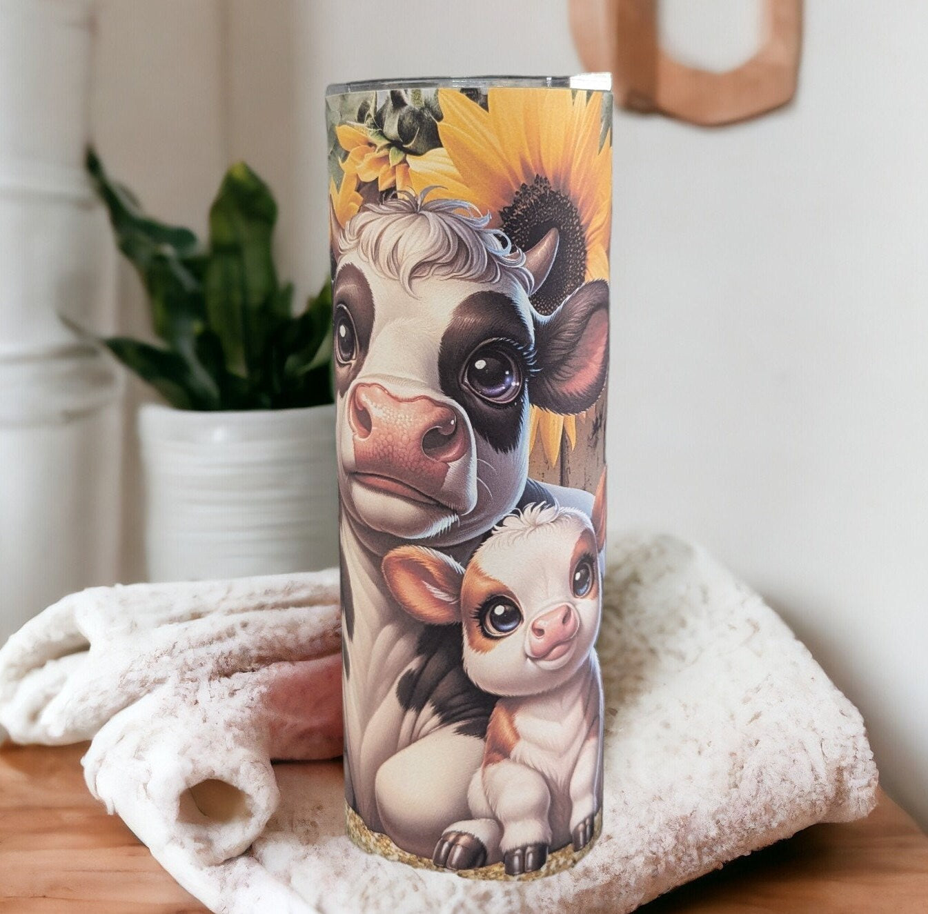 Cow Tumbler With Sunflowers 20oz With Reusable Straw, Can Be Personalized