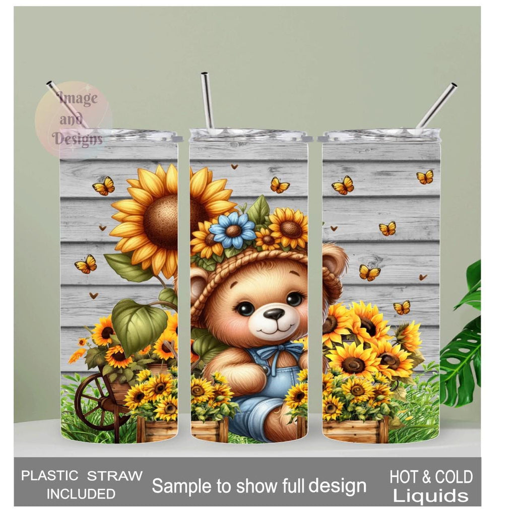 Sunflower Bear Tumbler 20oz With Reusable Straw, Can Be Personalized