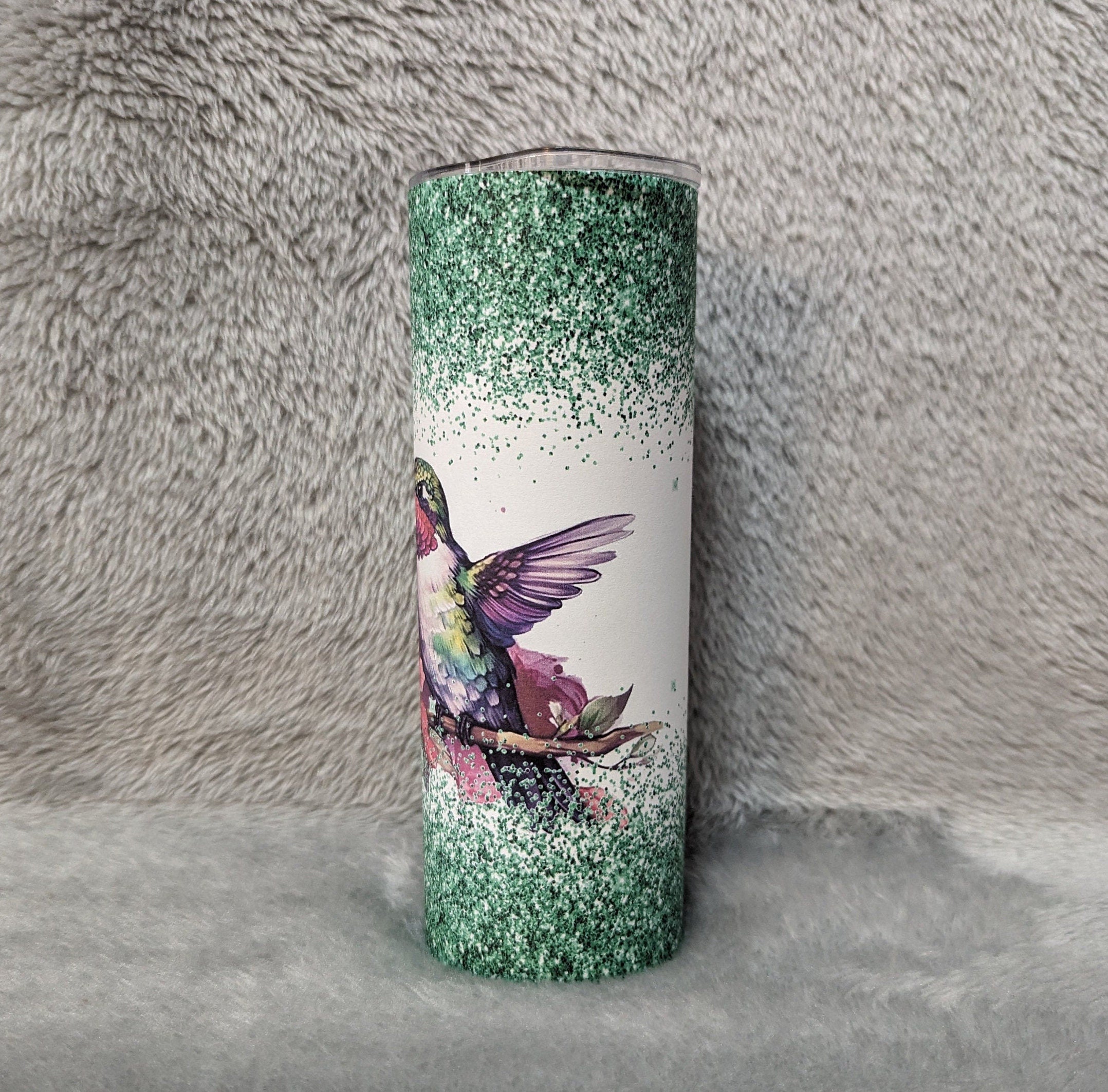 Hummingbird Tumbler with A Green Glitter Design 20oz With Reusable Straw, Can Be Personalized