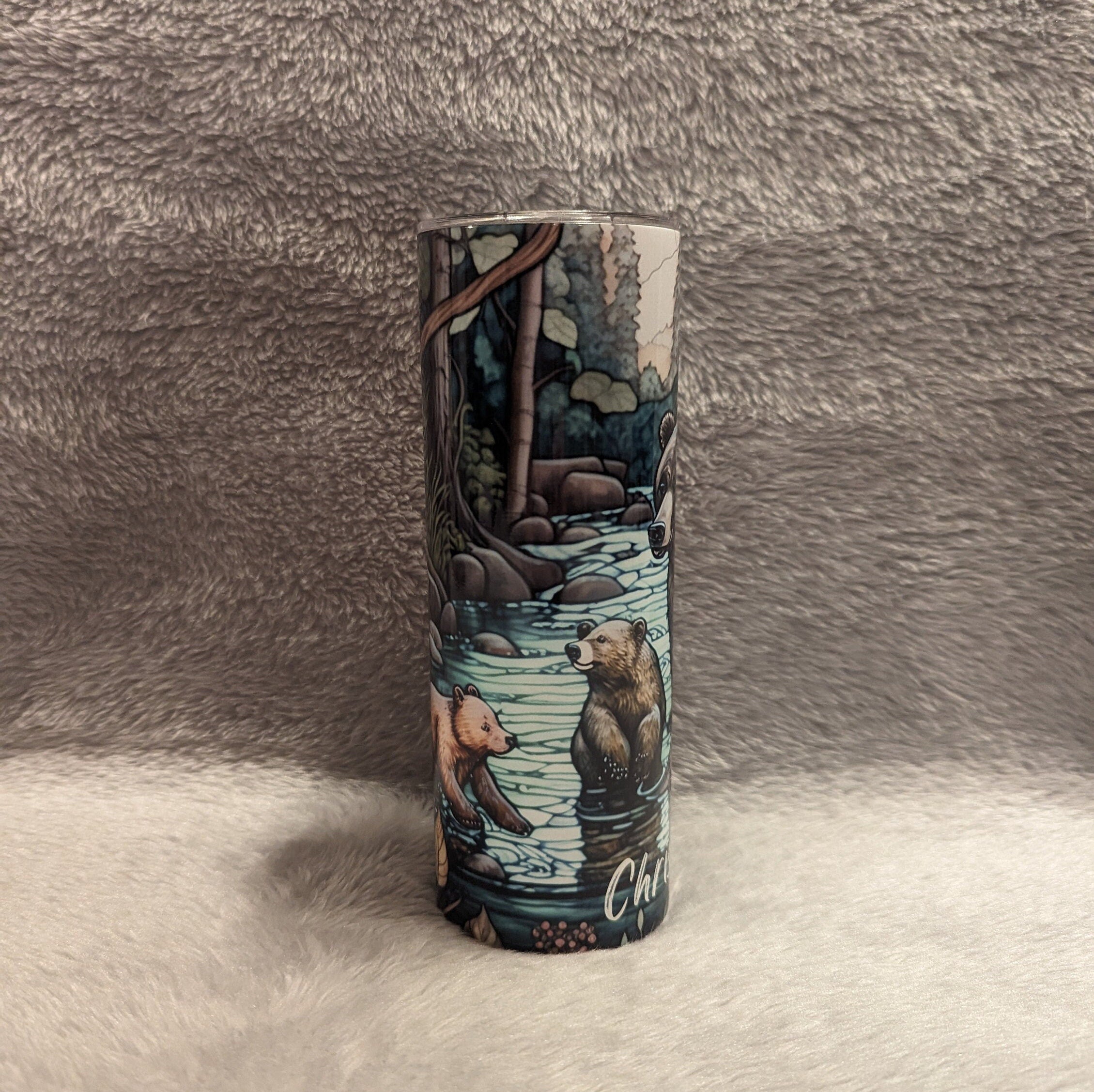 Bear Tumbler With A Stained Glass Design 20oz With Reusable Straw, Can Be Personalized