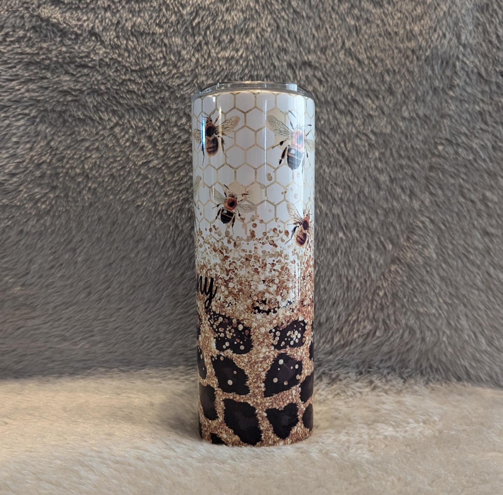 Bee Tumbler With A Glitter and Leopard Print Design 20oz Tumber With Reusable Straw, Can Be Personalized