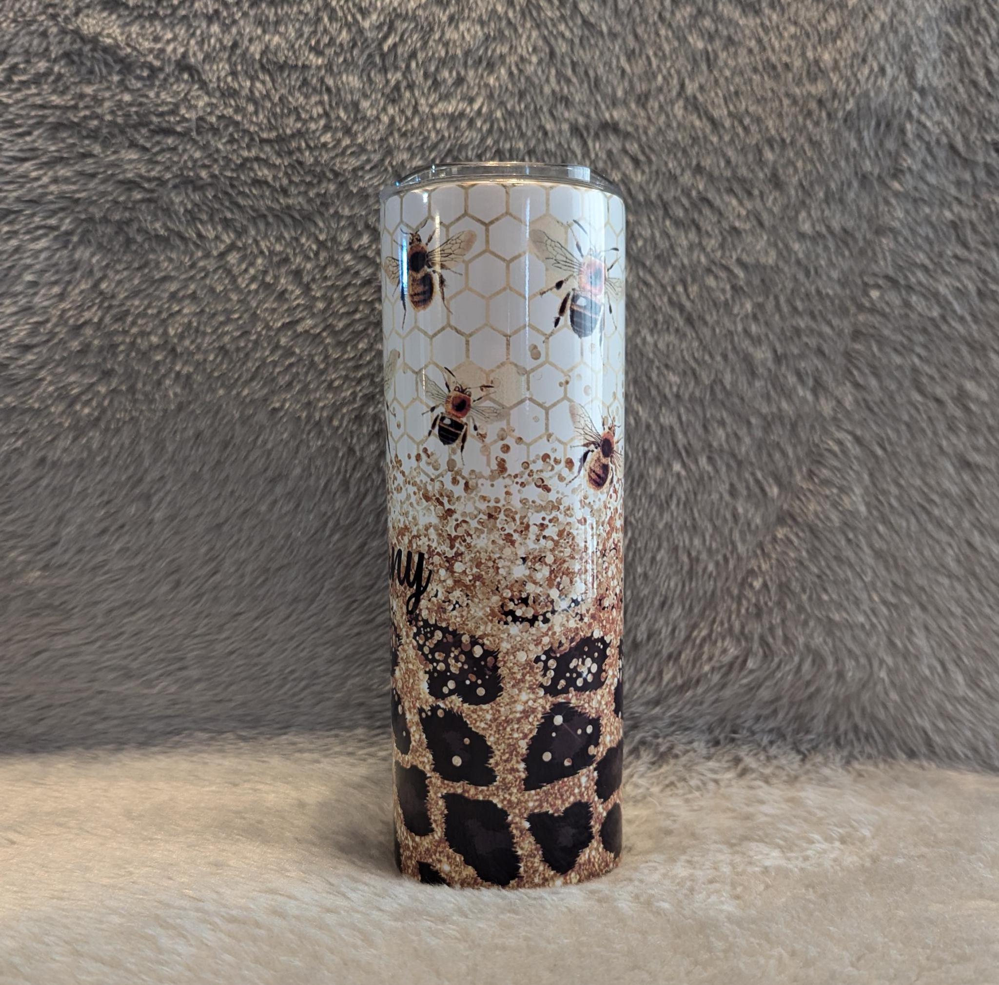 Bee Tumbler With A Glitter and Leopard Print Design 20oz Tumber With Reusable Straw, Can Be Personalized