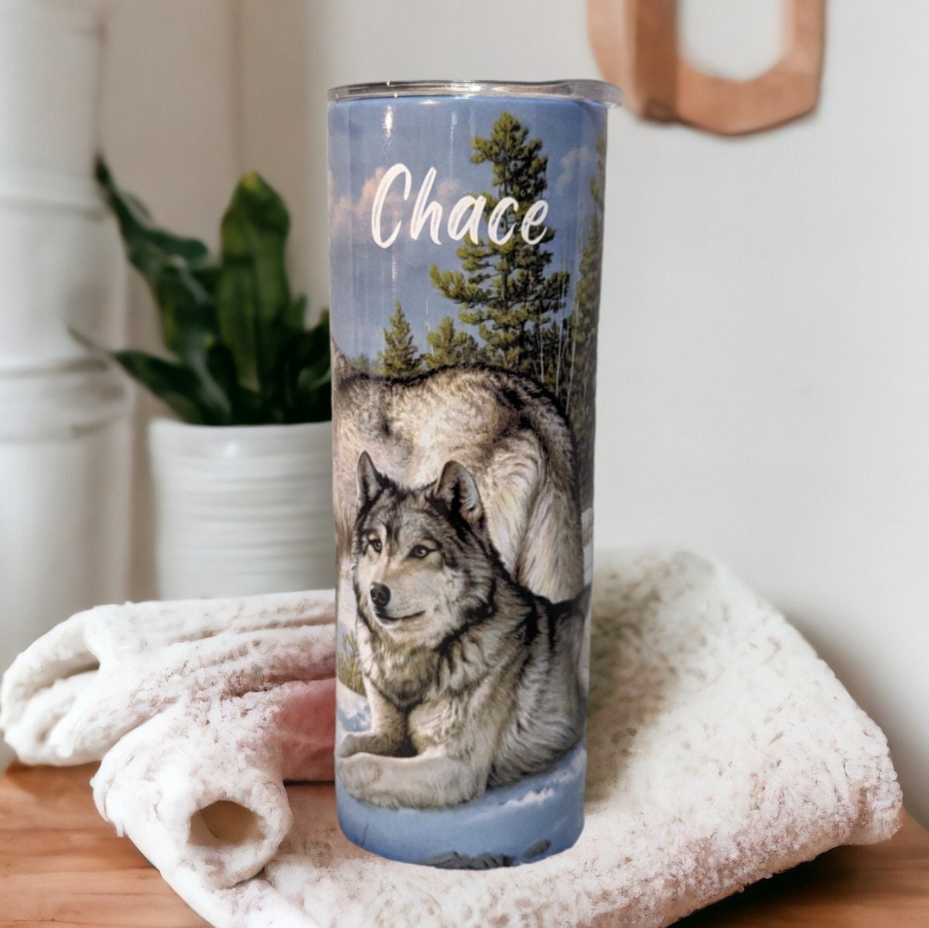 Winter Wolf Tumbler 20oz With Reusable Straw, Can Be Personalized