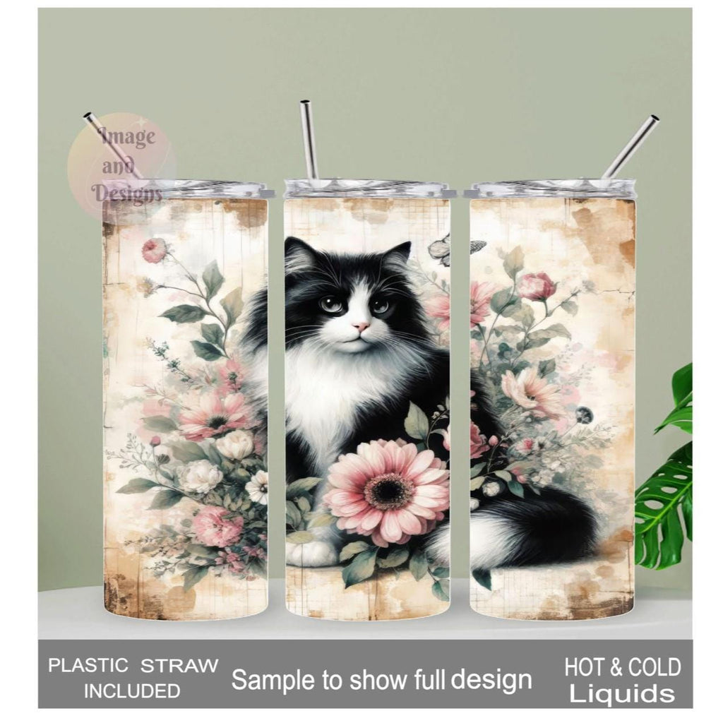 Black and White Tuxedo Cat Tumbler 20oz With Reusable Straw Can Be Personalized