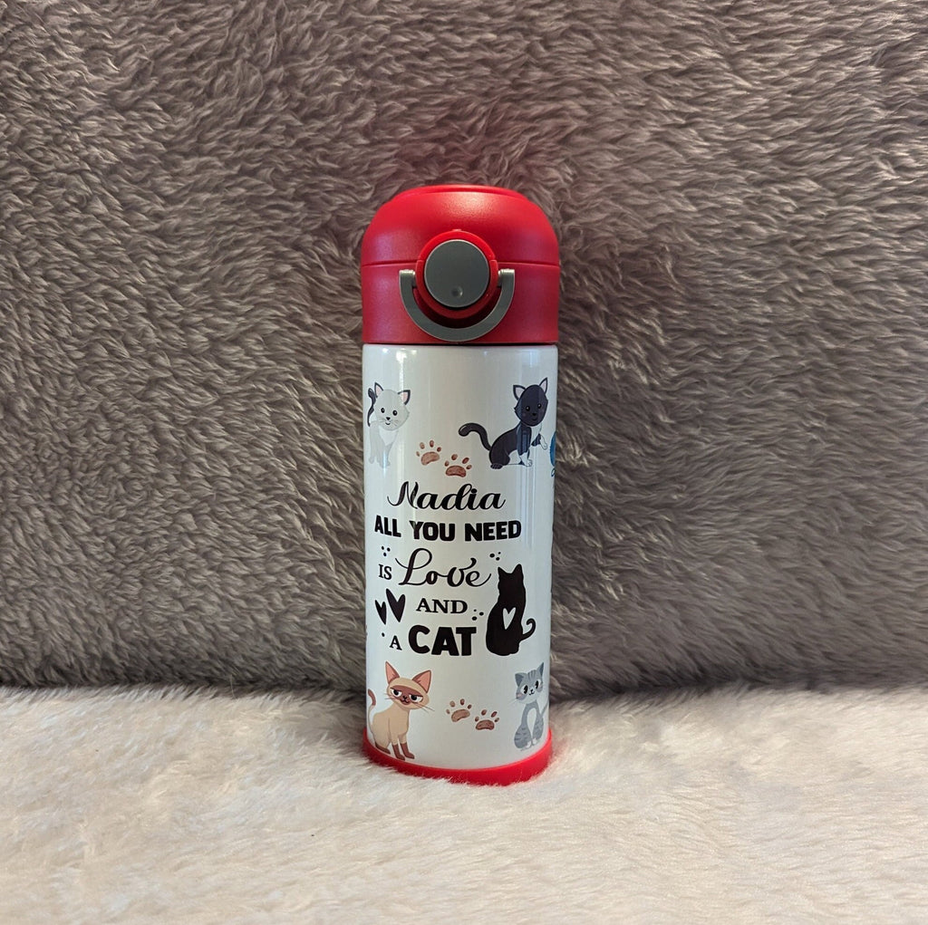 Kids Kitten Water Bottle 12oz With Reusable Straw, Can Be Personalized
