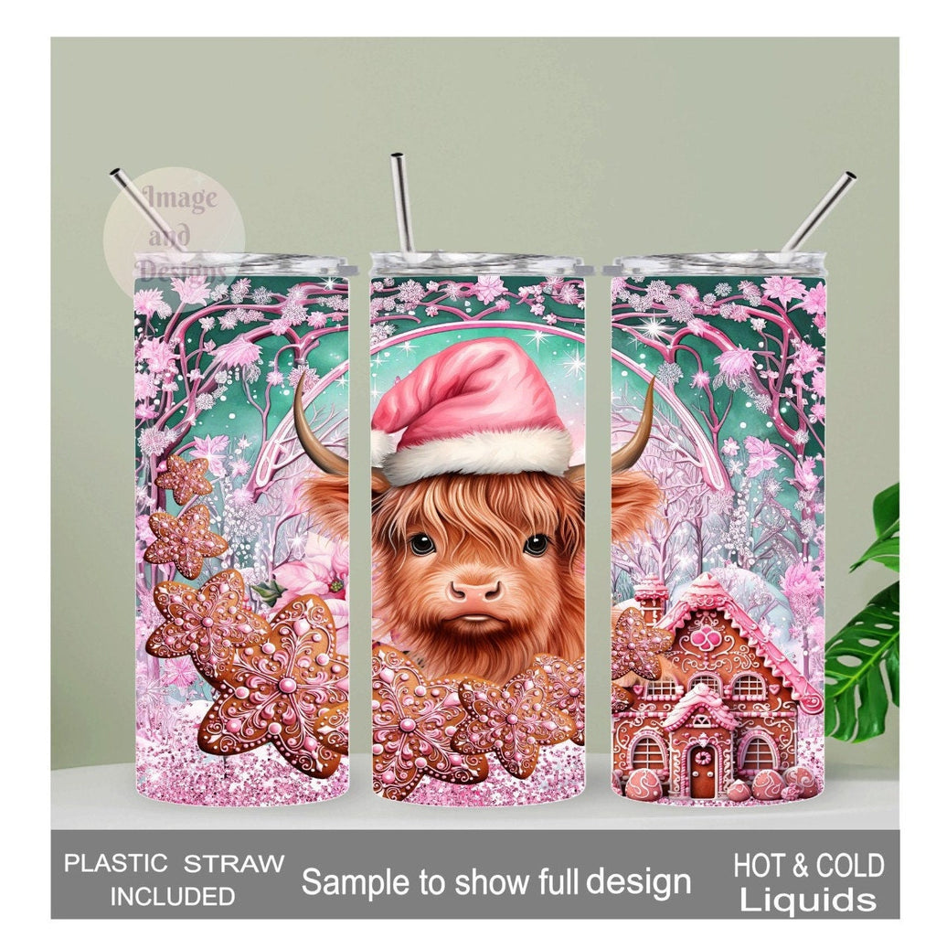 Christmas Highland Cow Tumbler 20oz With Reusable Straw, Can Be Personalized