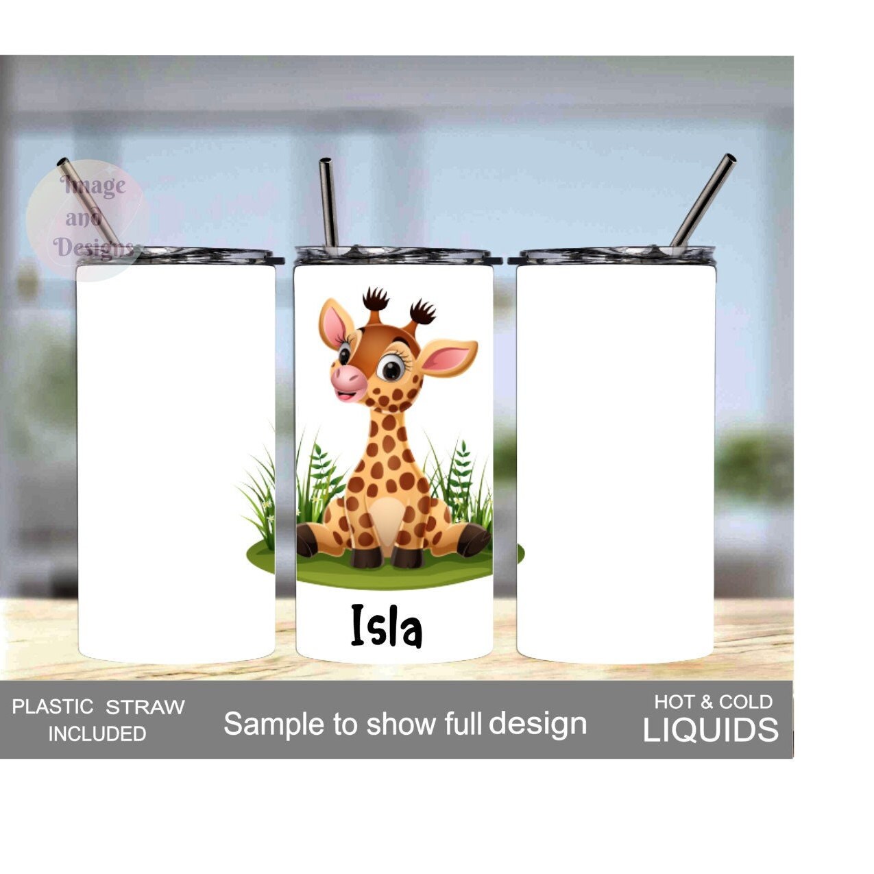 Kids Giraffe Tumbler 15oz With Reusable Straw, Can Be Personalized