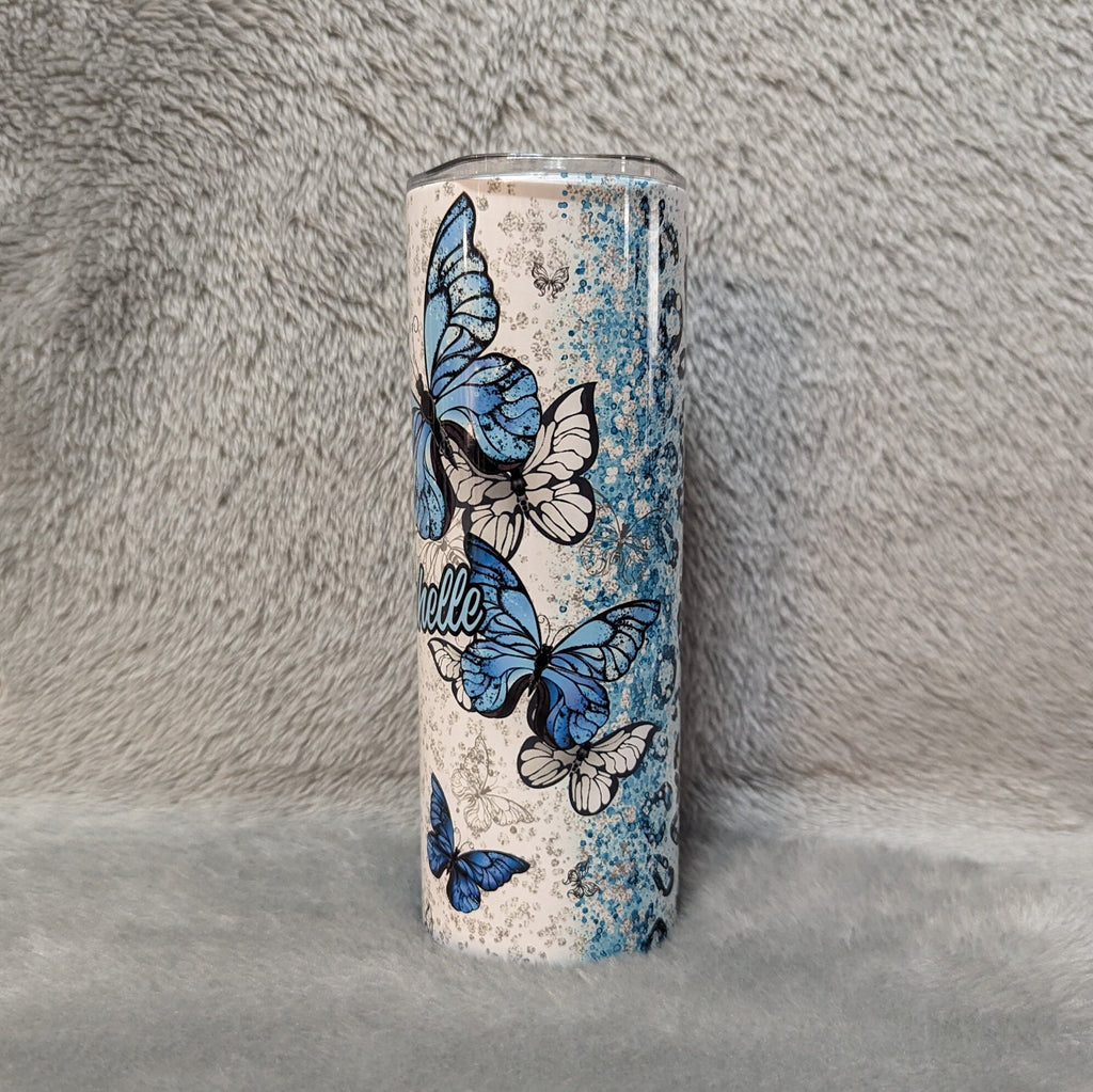 Blue Butterfly Tumbler With Leopard Print and Glitter Desig 20oz With Reusable Straw, Can Be Personalized