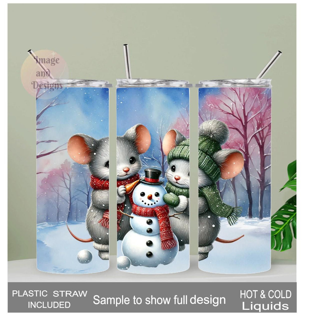 Winter Mouse/Mice Tumbler 20oz With Reusable Straw, Can Be Personalized