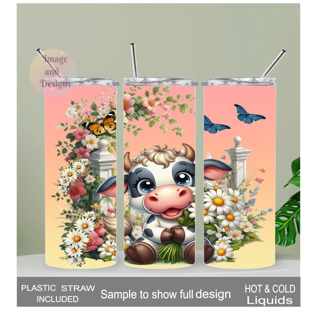 Cow with Daisies Tumbler 20oz With Reusable Straw, Can Be Personalized