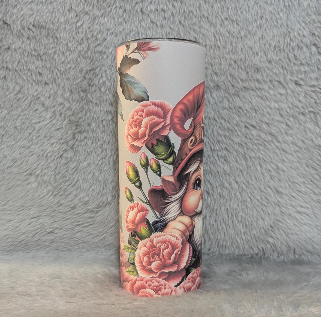 Gnome Tumbler With Pink Flowers 20oz With Reusable Straw, Can Be Personalized