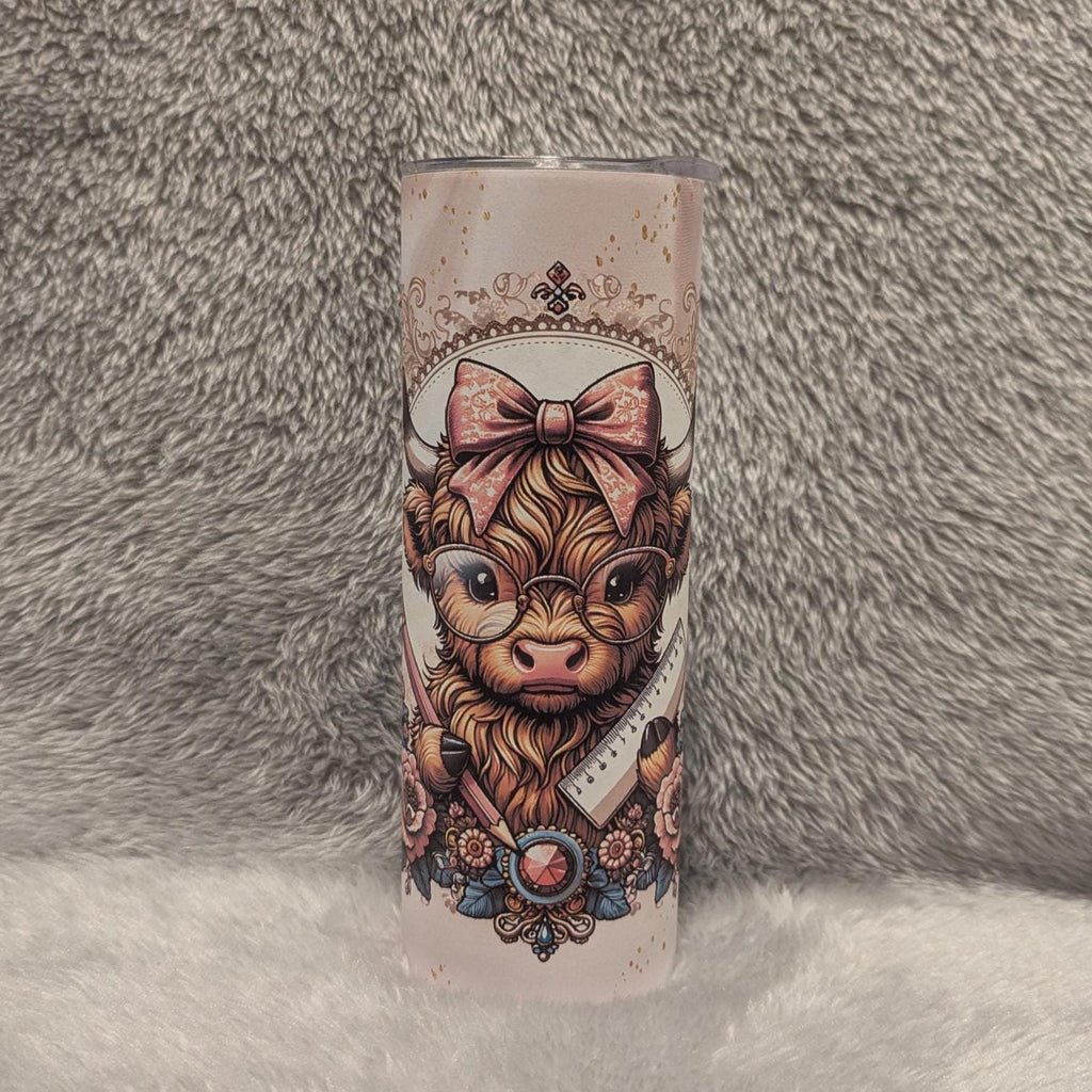 Highland Cow Teacher Tumbler 20oz With Reusable Straw, Can Be Personalized