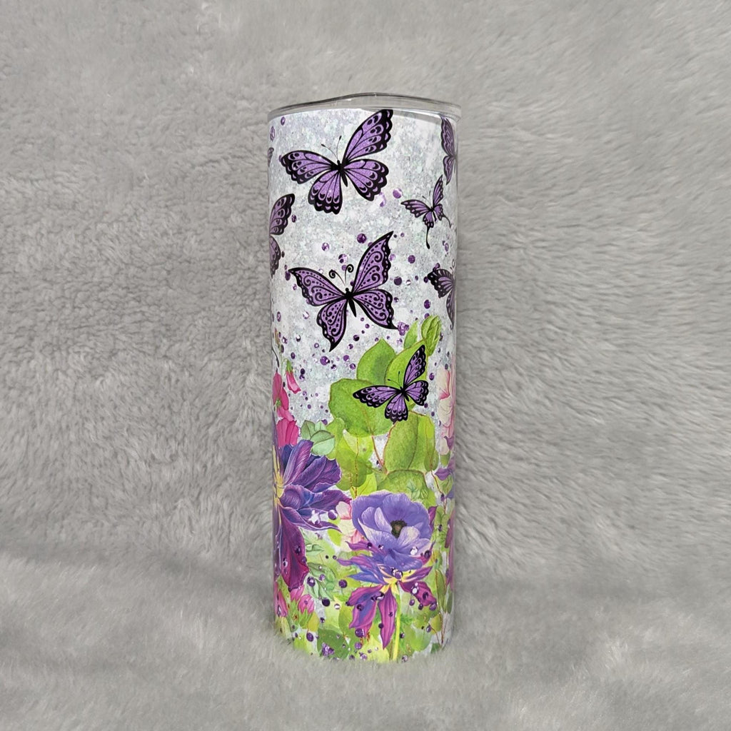 Butterfly Tumbler With Purple Butterflies and Flowers 20oz With Reusable Straw, Can Be Personalized