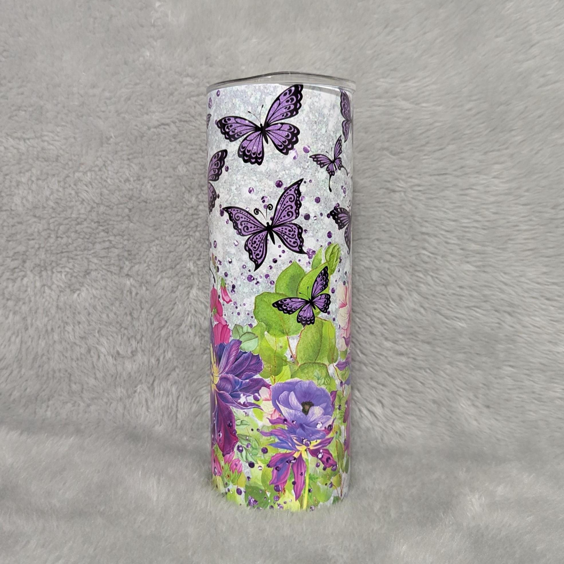 Butterfly Tumbler With Purple Butterflies and Flowers 20oz With Reusable Straw, Can Be Personalized