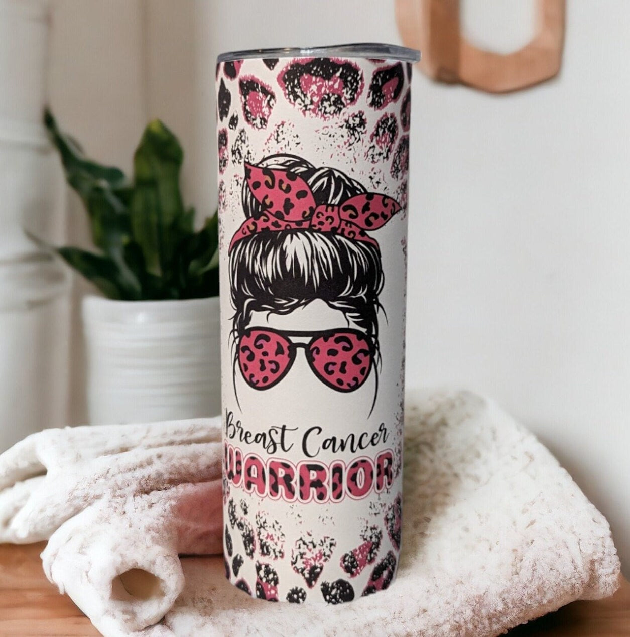 Breast Cancer Warrior Tumbler With A Pink Leopard Print 20oz With Reusable Straw, Can Be Personalized