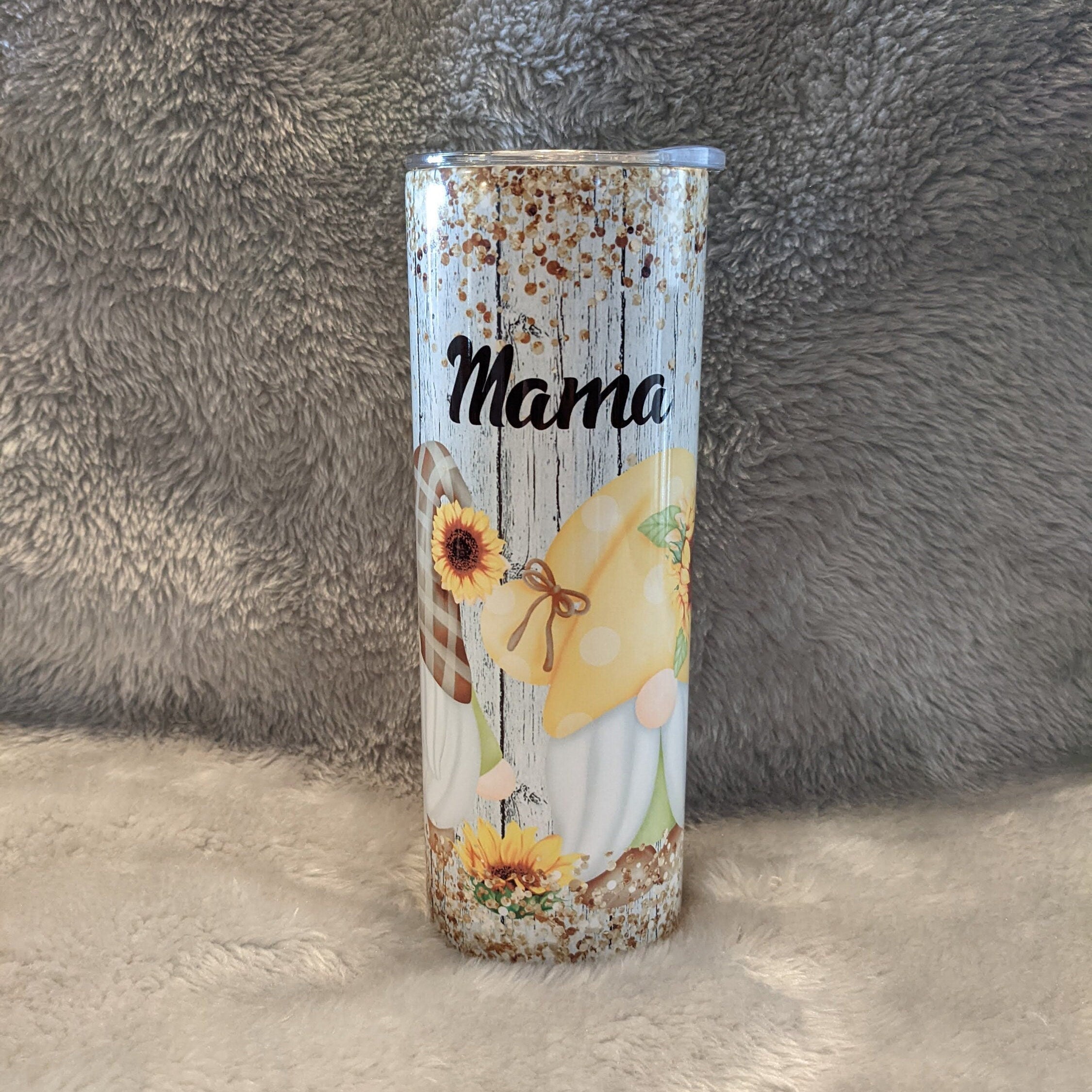 Cute Gnome With Sunflowers Tumbler 20oz With Reusable Straw, Can Be Personalized