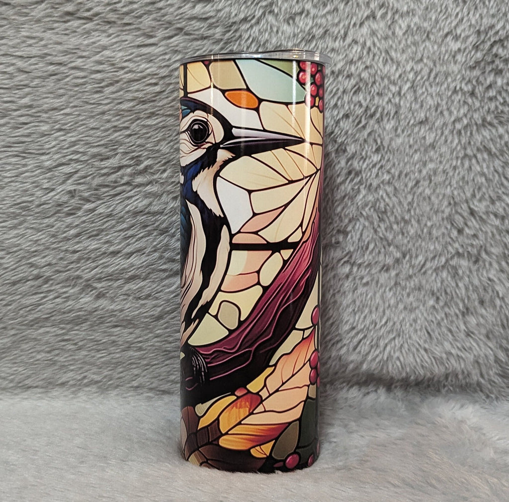 Woodpecker Stained Glass Design Tumbler 20oz With Reusable Straw, Can Be Personalized