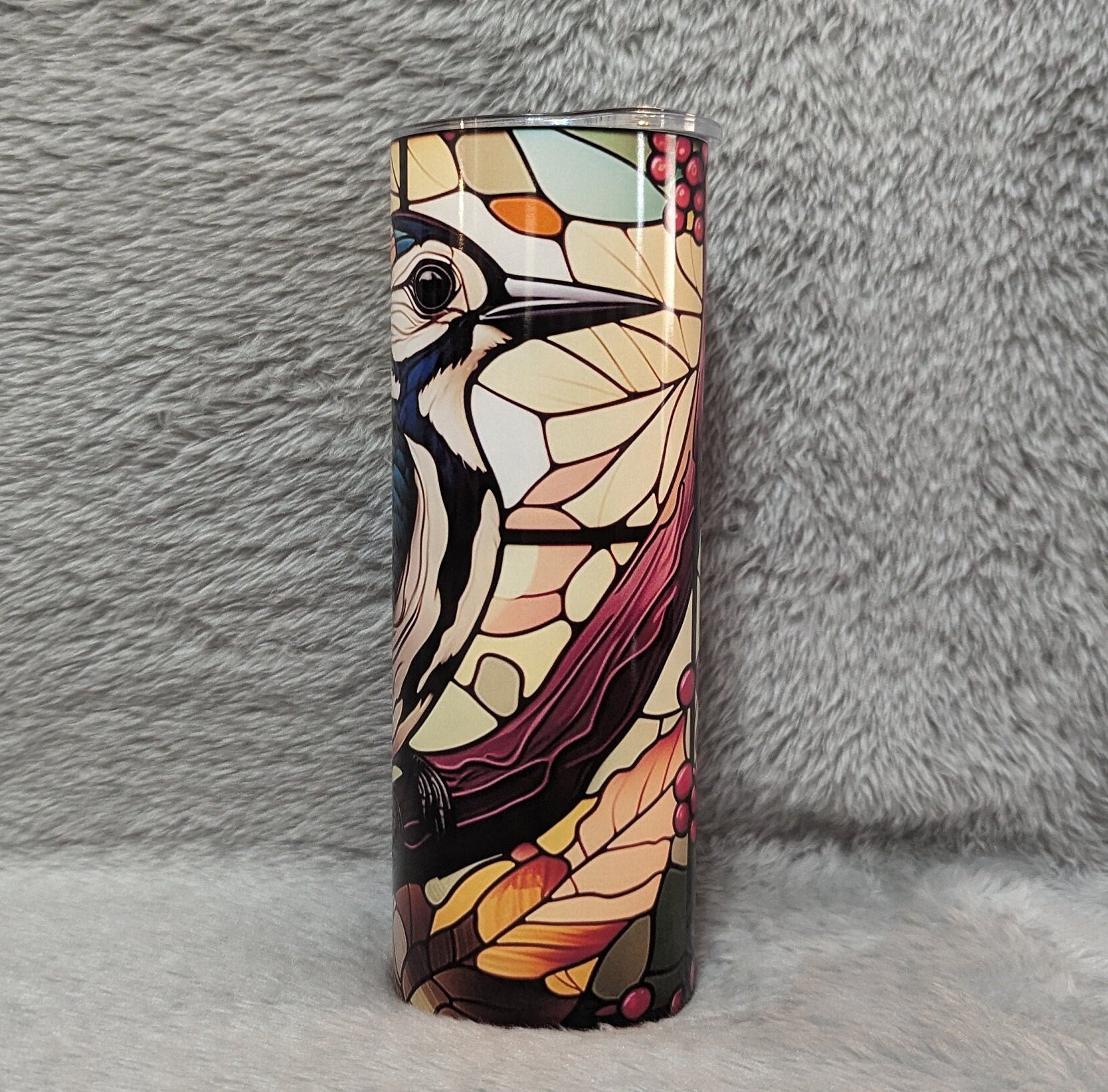 Woodpecker Stained Glass Design Tumbler 20oz With Reusable Straw, Can Be Personalized