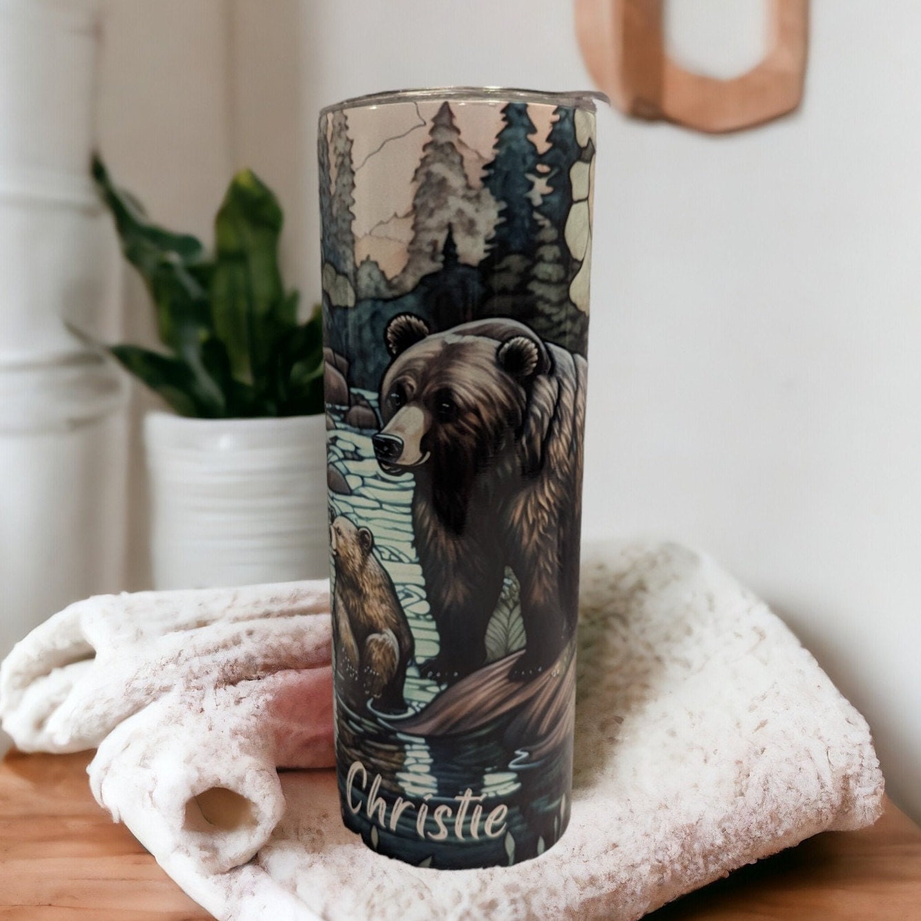 Bear Tumbler With A Stained Glass Design 20oz With Reusable Straw, Can Be Personalized