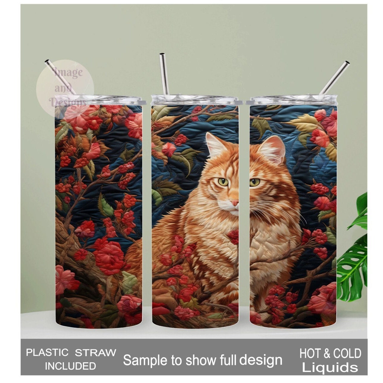 Cat Tumbler with Embroidered Orange Tabby Cat Design 20oz With Reusable Straw, Can Be Personalized