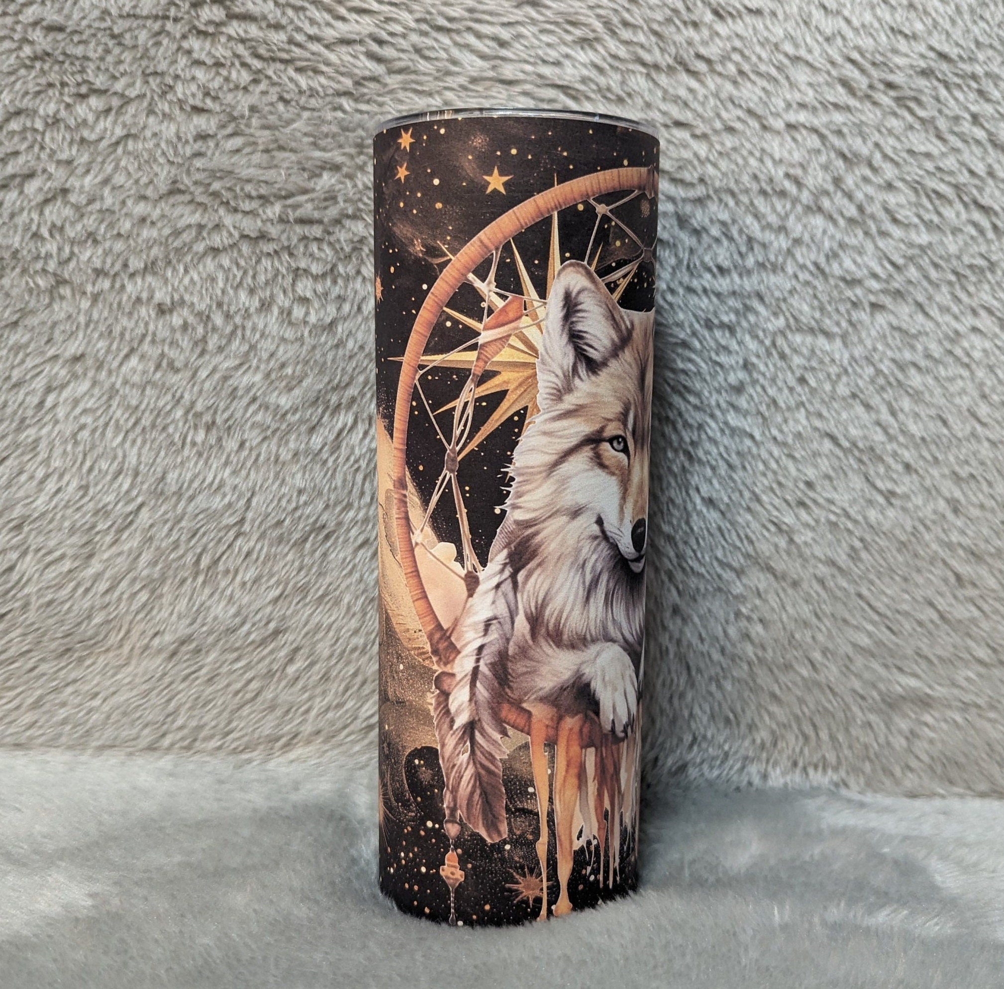 Wolf Dreamcatcher Tumbler 20oz With Reusable Straw, Can Be Personalized