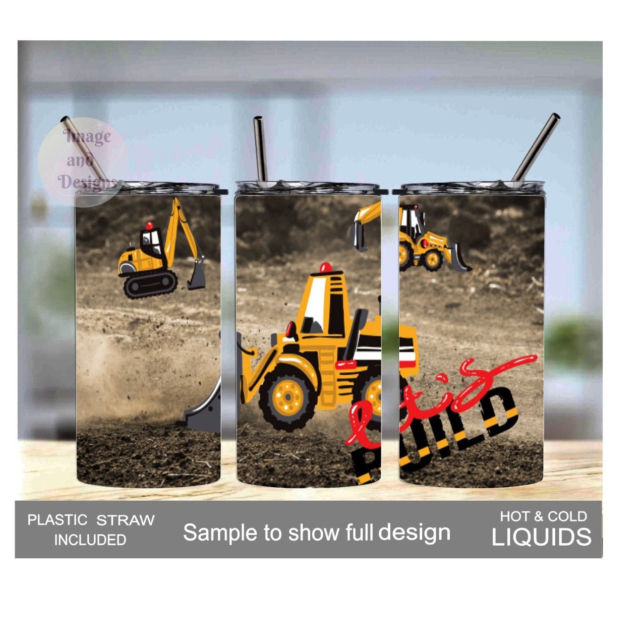 Boys Construction Tumbler 15oz With Reusable Straw, Can Be Personalized