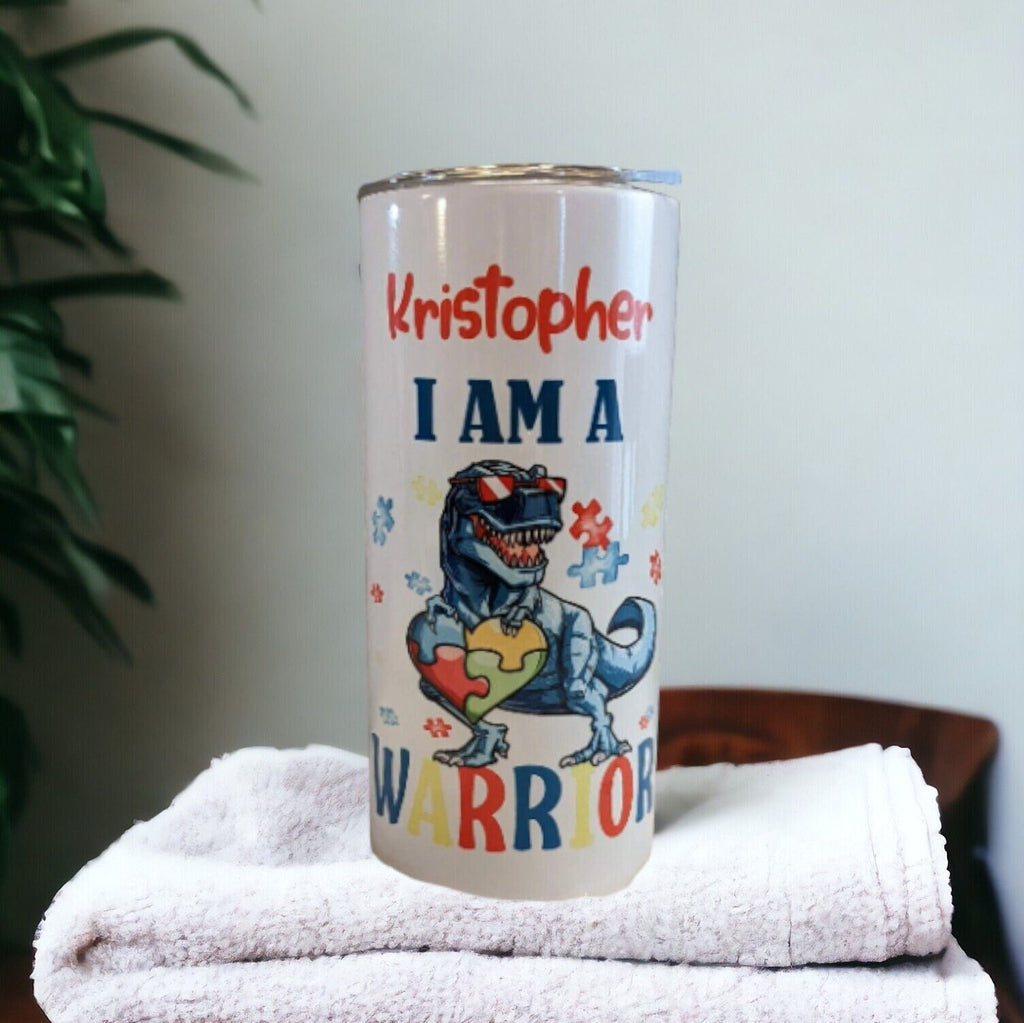 Kids Autism Awareness Dinosaur Tumbler 15oz With Reusable Straw, Can Be Personalized