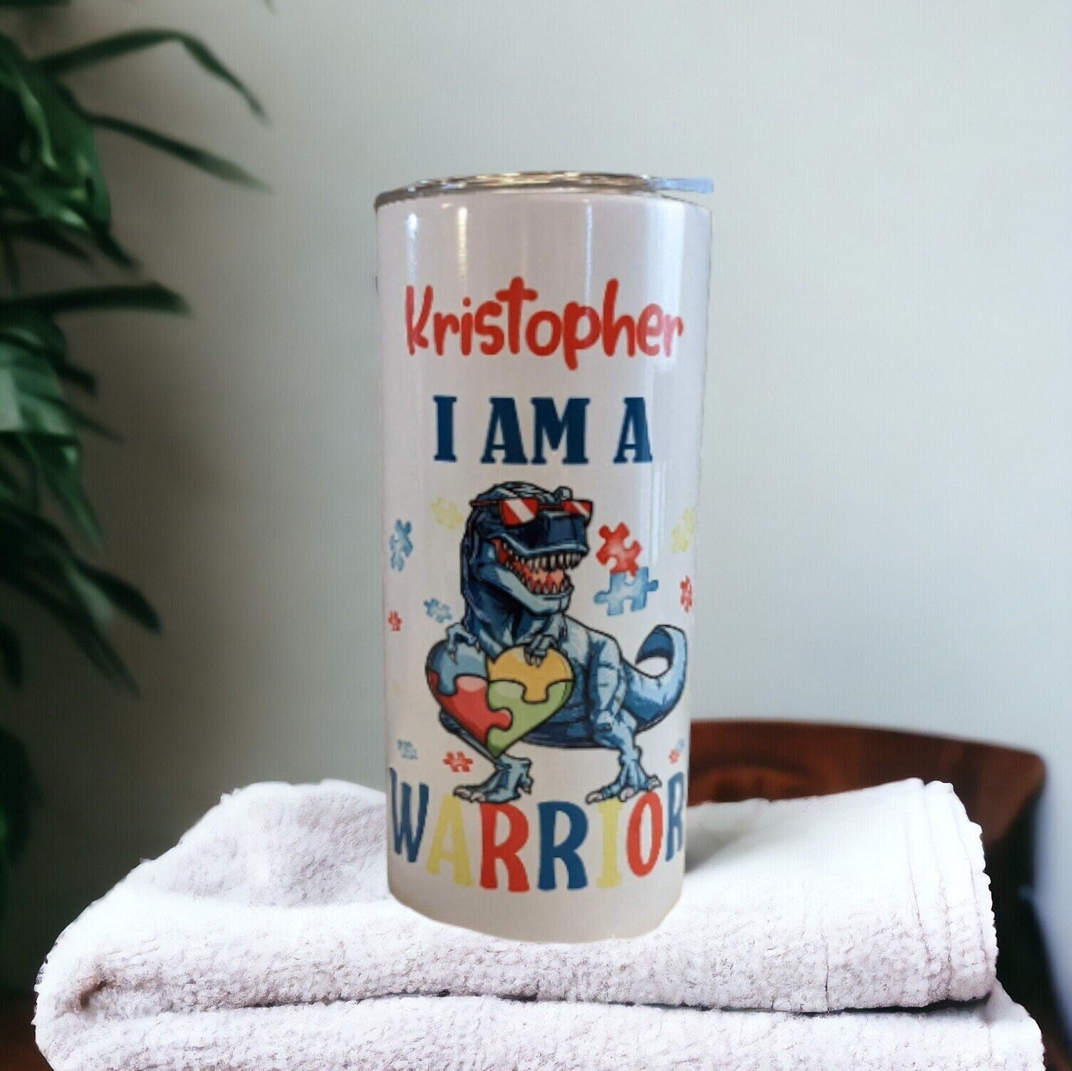 Kids Autism Awareness Dinosaur Tumbler 15oz With Reusable Straw, Can Be Personalized