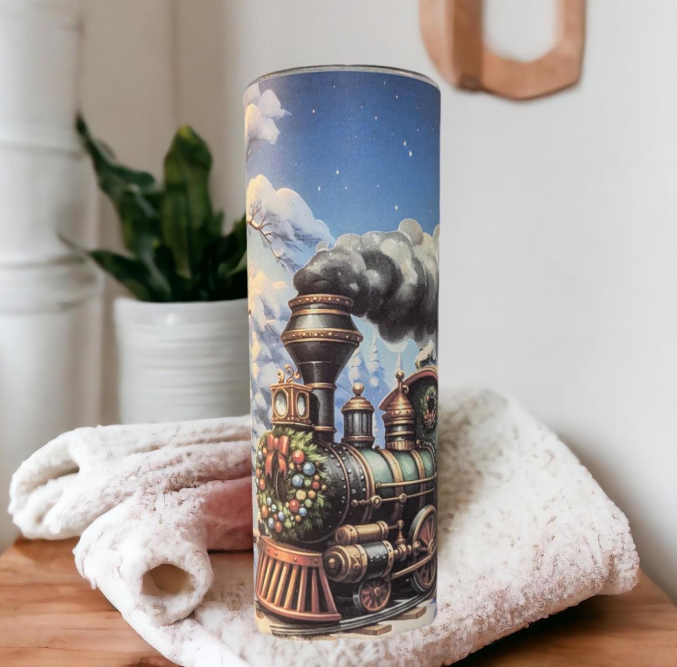 Christmas Train Tumbler 20oz With Reusable Straw, Can Be Personalized
