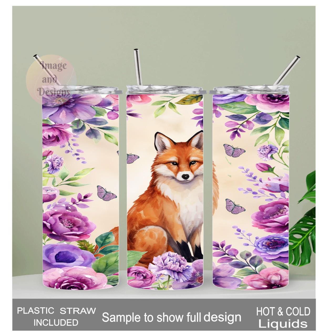 Floral Fox Tumbler 20oz With Reusable Straw, Can Be Personalized
