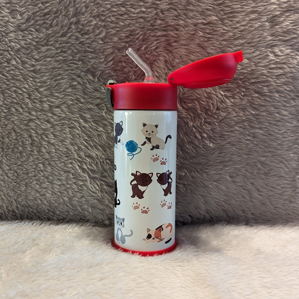 Kids Kitten Water Bottle 12oz With Reusable Straw, Can Be Personalized