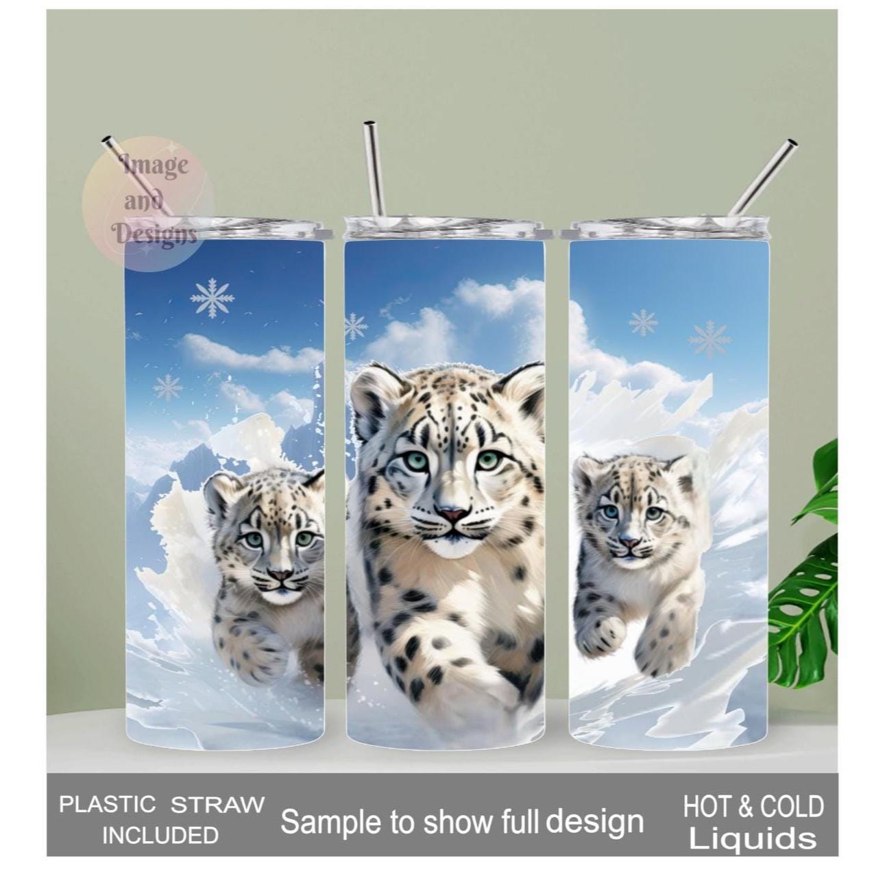 Snow Leopard Tumbler 20oz With Reusable Straw, Can Be Personalized