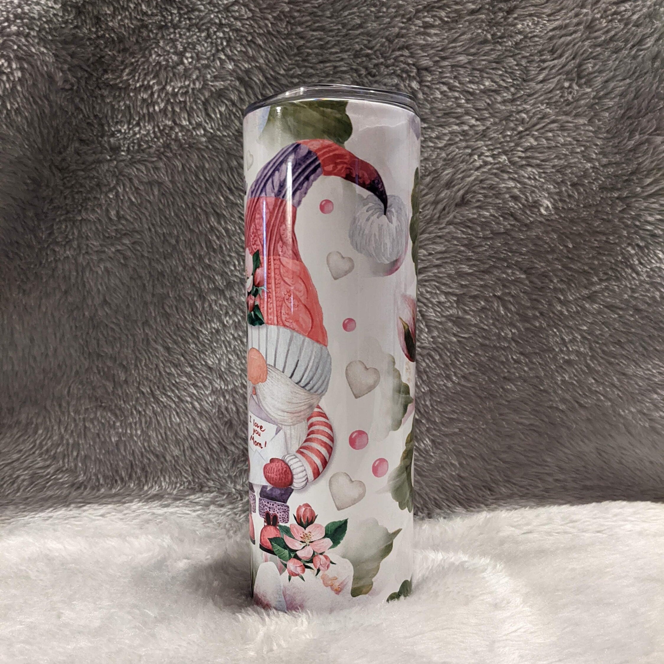 I Love You Mom Gnome Tumbler With A Gnome Holding A letter 20oz With Reusable Straw, Can Be Personalized