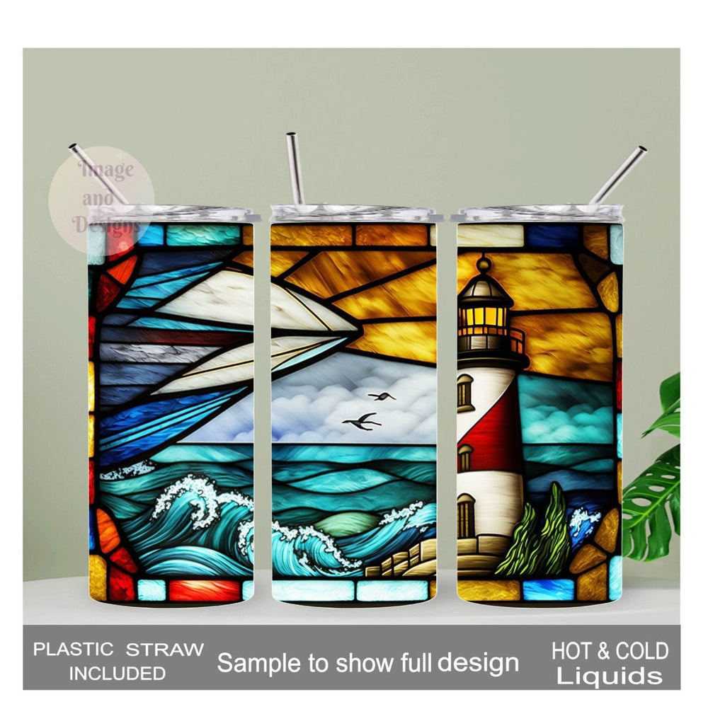 Beautiful Lighthouse Tumbler With A Stained Glass Design 20oz With Reusable Straw, Can Be Personalized