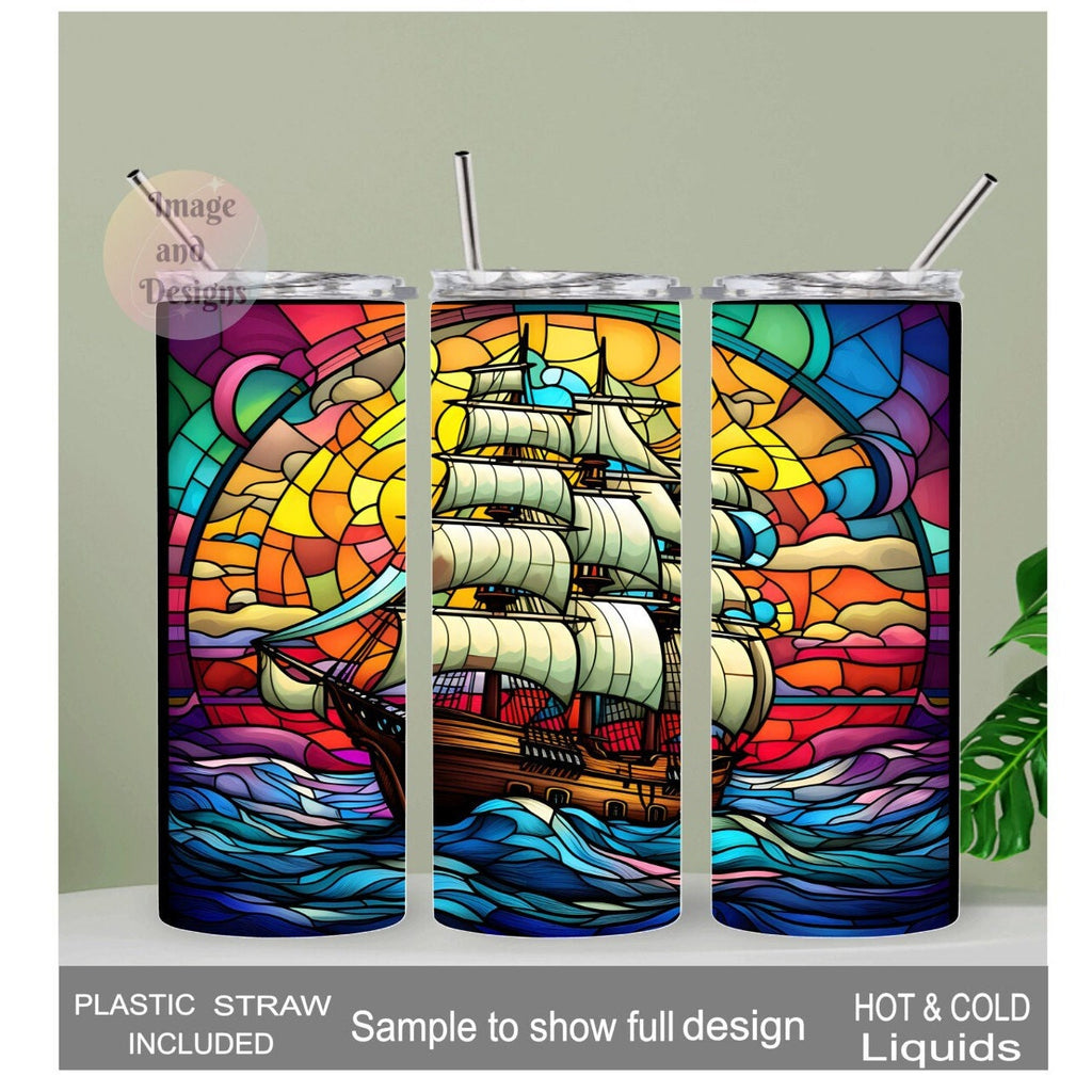 Sailboat Ship Tumbler with Stained Glass Design, 20oz With Reusable Straw