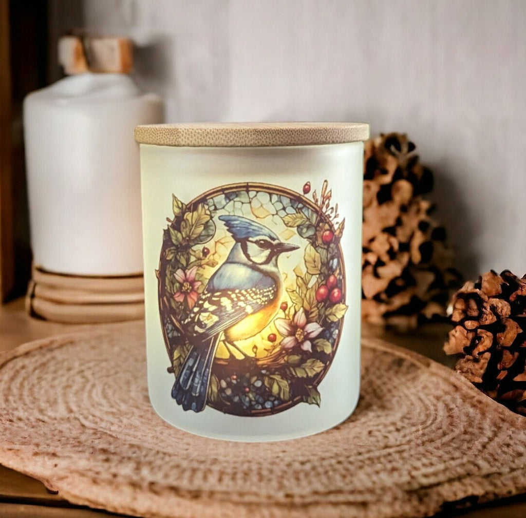 Blue Jay Candle Holder With A Battery Operated Flickering Tea Light