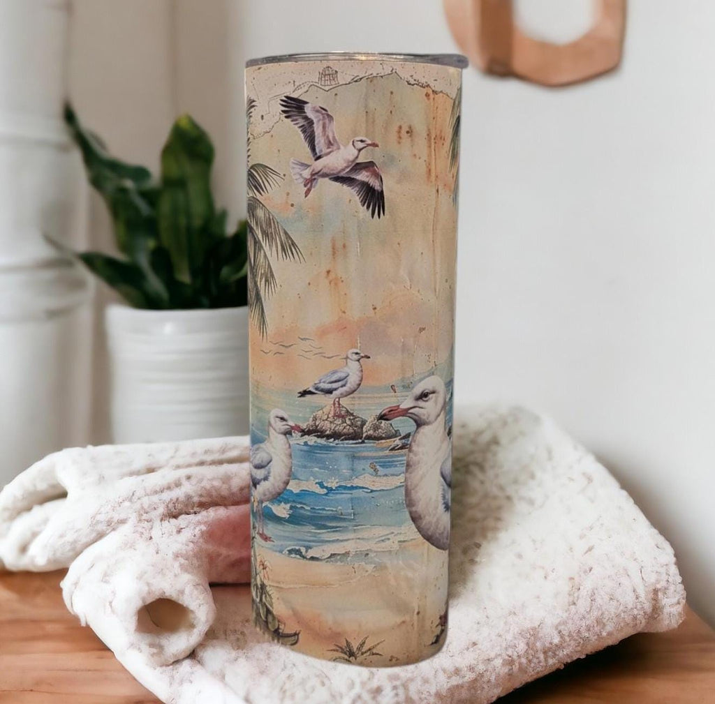 Seagull Beach Tumbler 20oz With Reusable Straw, Can Be Personalized