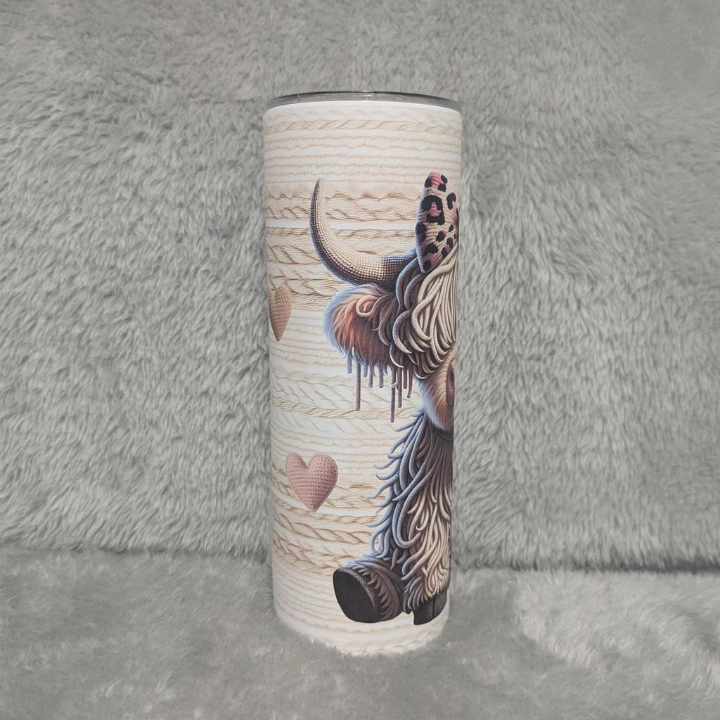 Faux Yarn Design Highland Cow Tumbler 20oz With Reusable Straw, Can Be Personalized