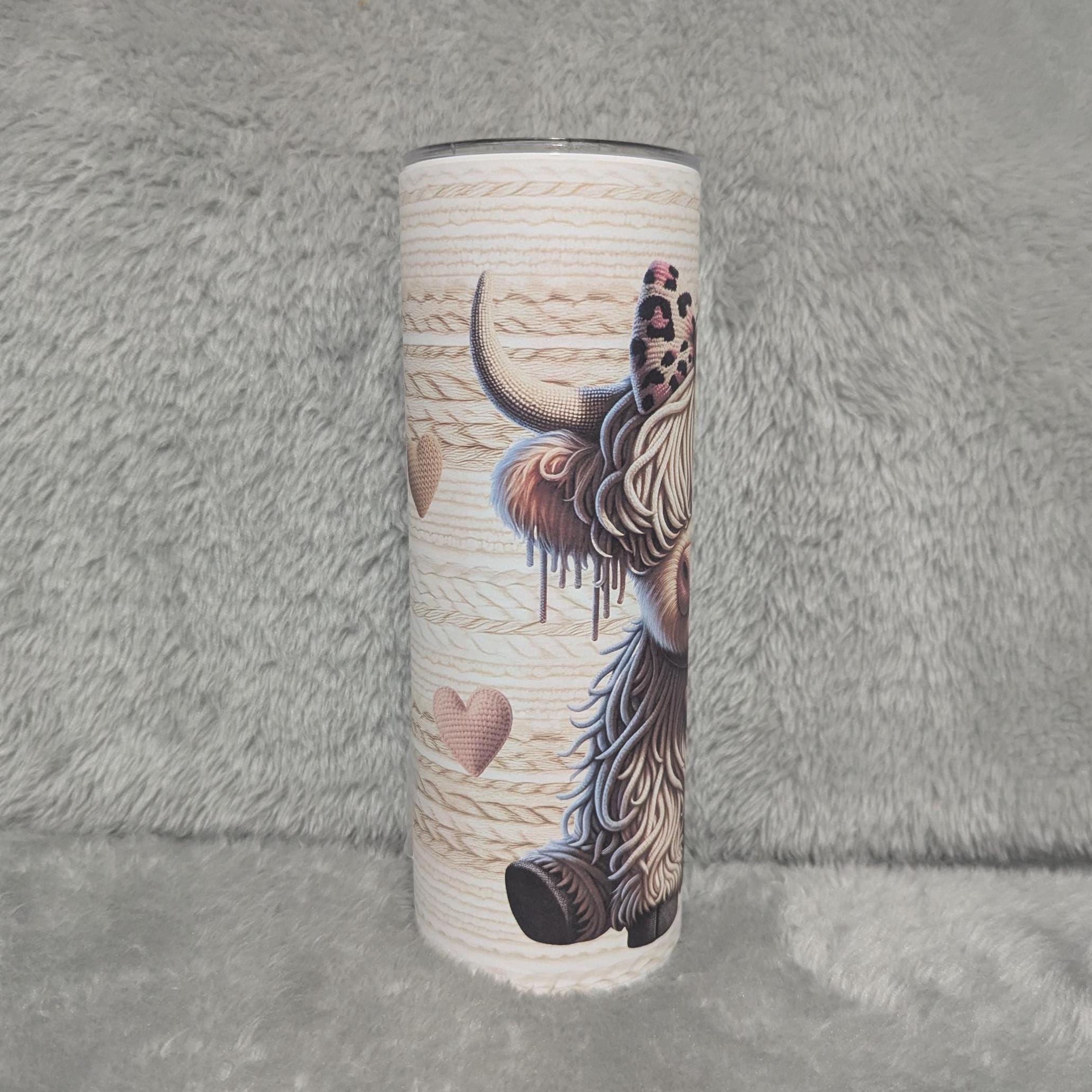 Faux Yarn Design Highland Cow Tumbler 20oz With Reusable Straw, Can Be Personalized