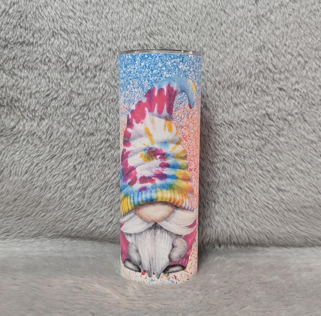 Colorful Tie Dye Gnome Tumbler 20oz With Reusable Straw, Can Be Personalized