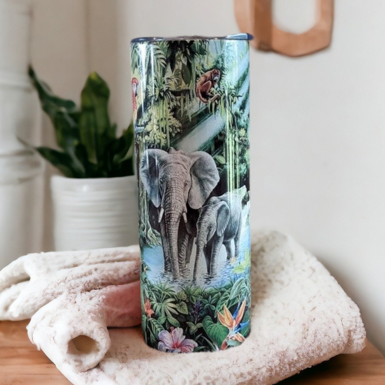 Elephant Tumbler With A Jungle Scene 20oz With Reusable Straw, Can Be Personalized