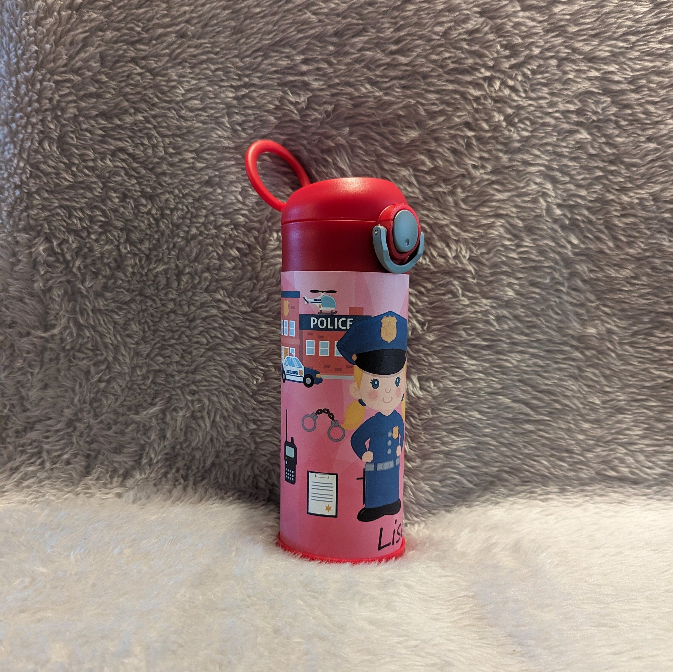 Kids Girl Cop Water Bottle 12oz With Reusable Straw, Can Be Personalized