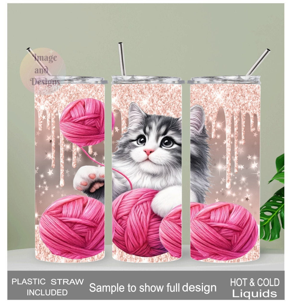 Playful Kitten Tumbler with A Glitter Design 20oz With Reusable Straw, Can Be Personalized