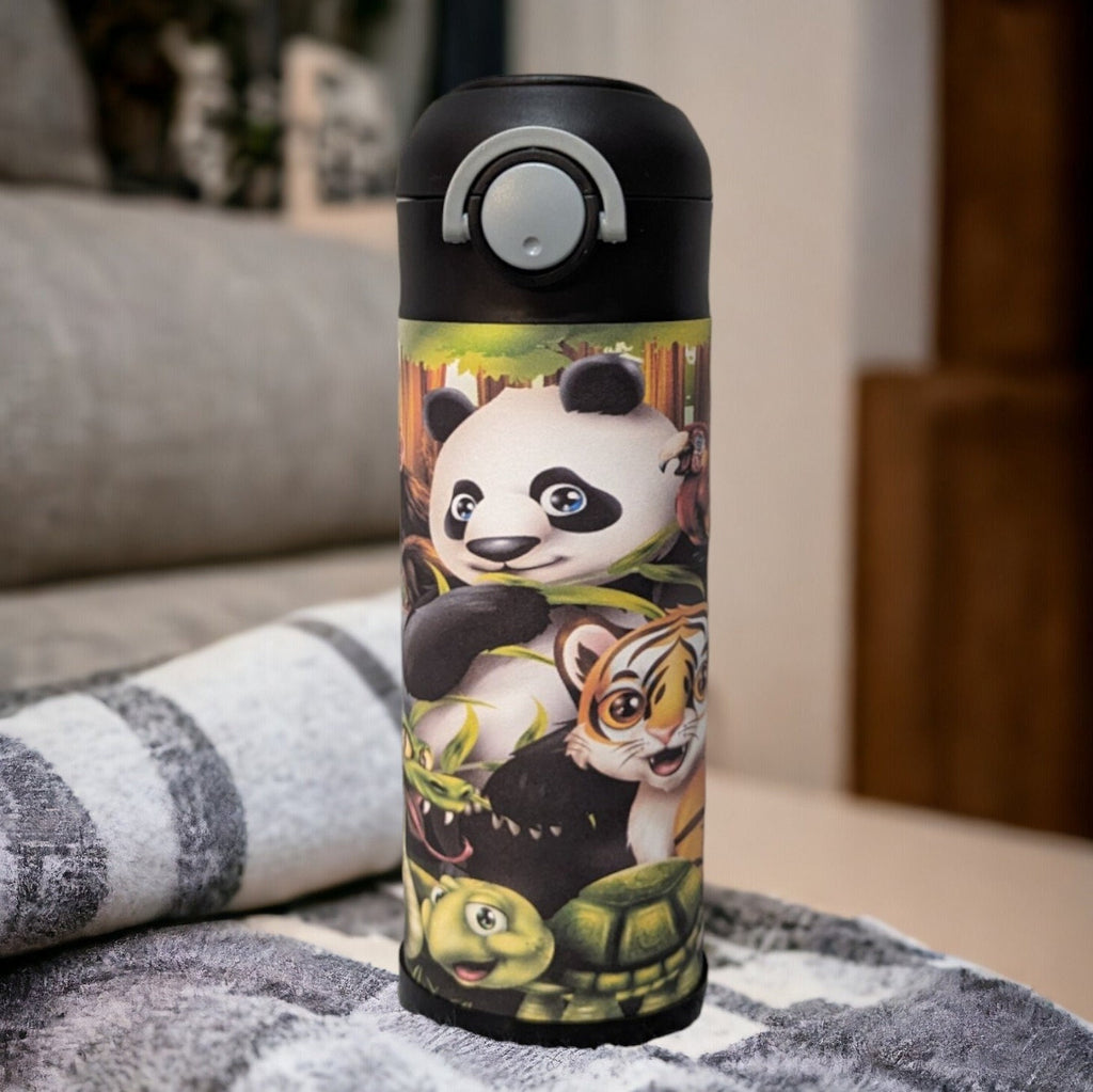 Jungle Animals Water Bottle For Kids 12oz With Reusable Straw, Can Be Personalized