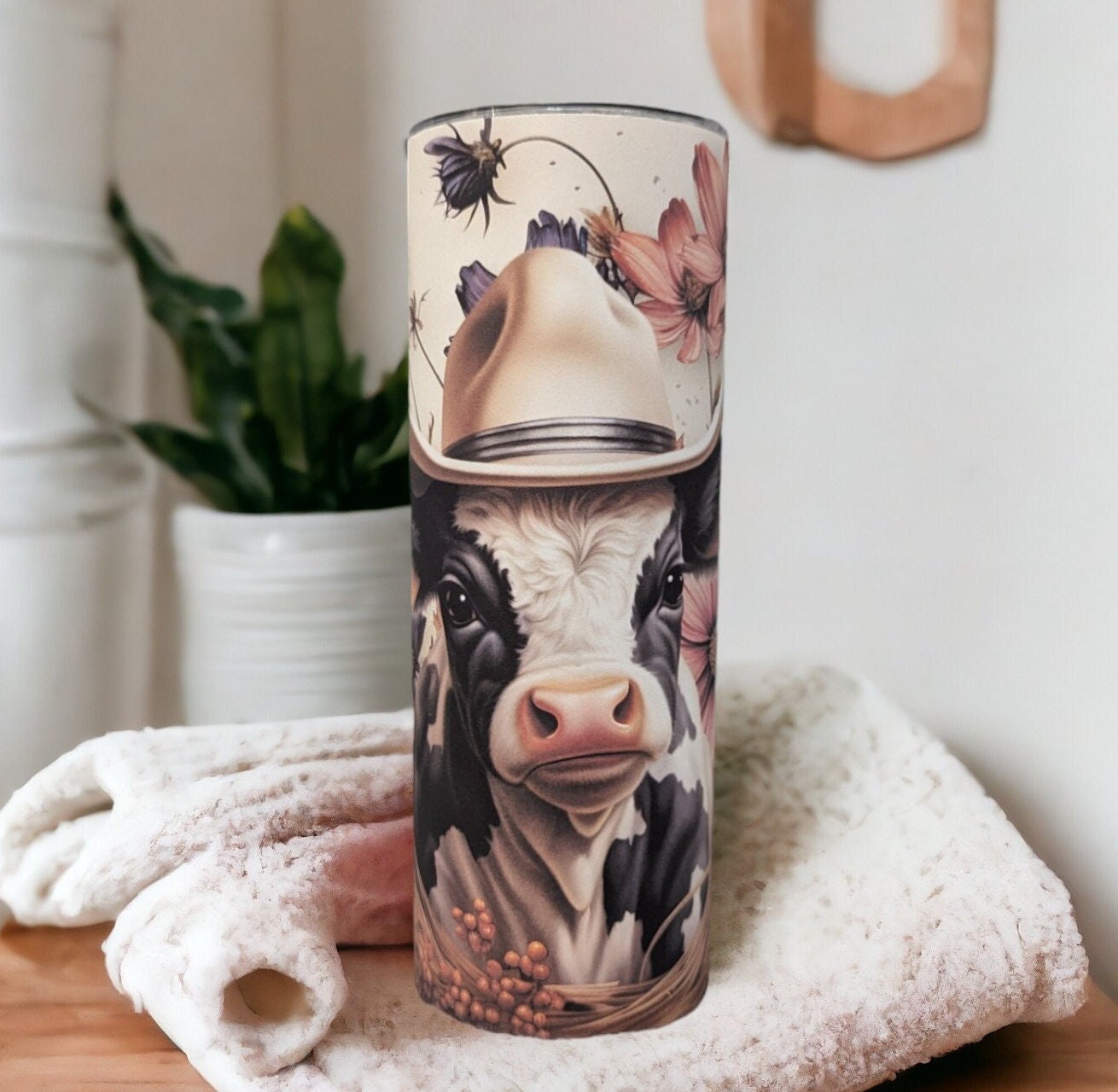 Cow Tumbler with A Cute Cow Wearing A Hat 20oz With Reusable Straw, Can Be Personalized