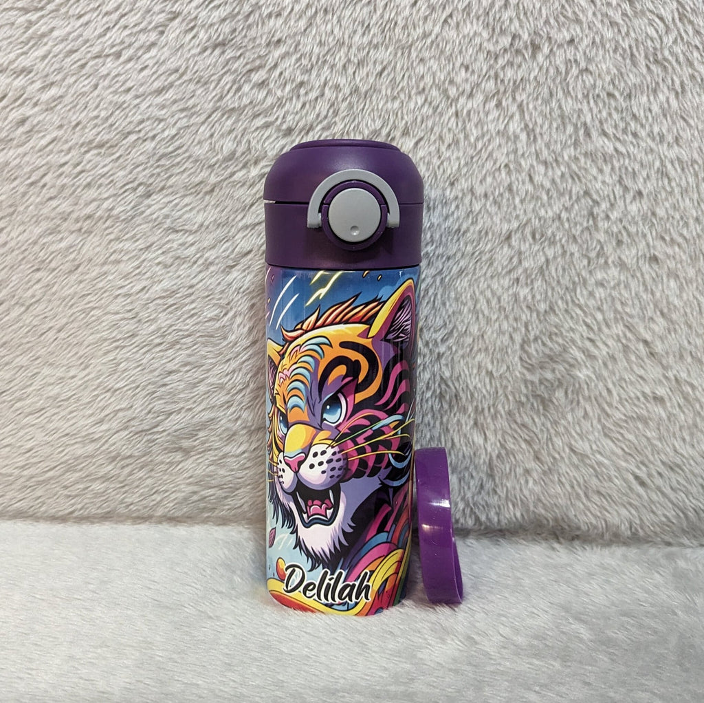 Kids Colorful Tiger Water Bottle 12oz With Reusable Straw Can Be Personalized
